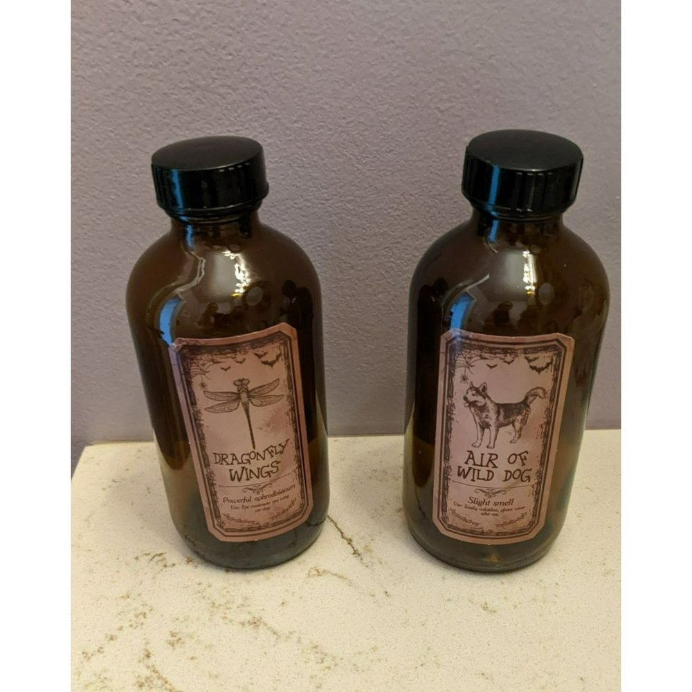 Two New Brown Bottle Apothecary Bottles Dragonfly wings Air of wild dog